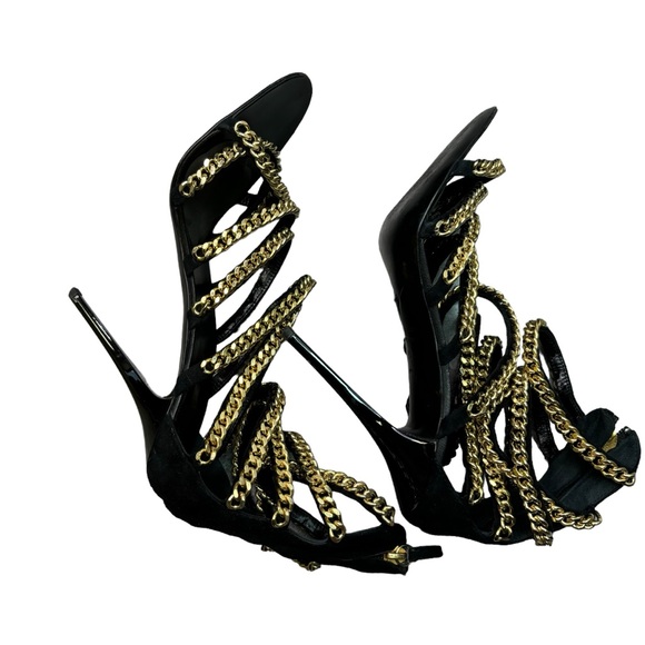 Guiseppe Zanotti Black Suede Gold Chain Gladiator Sandals Size 40 Open Toe Heels - Picture 10 of 13